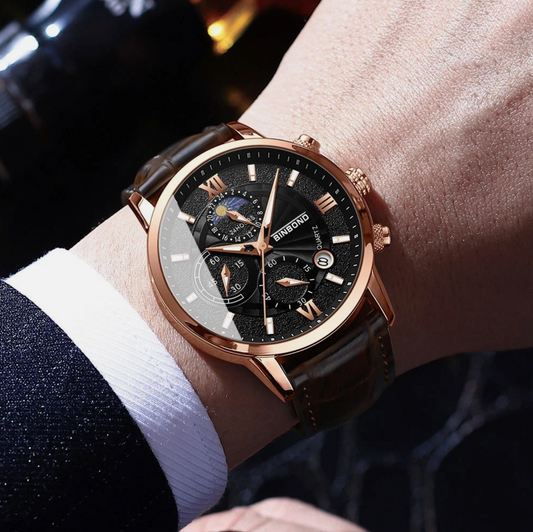 Mens Multifunctional Waterproof Genuine Leather & Stainless Steel Quartz Watch