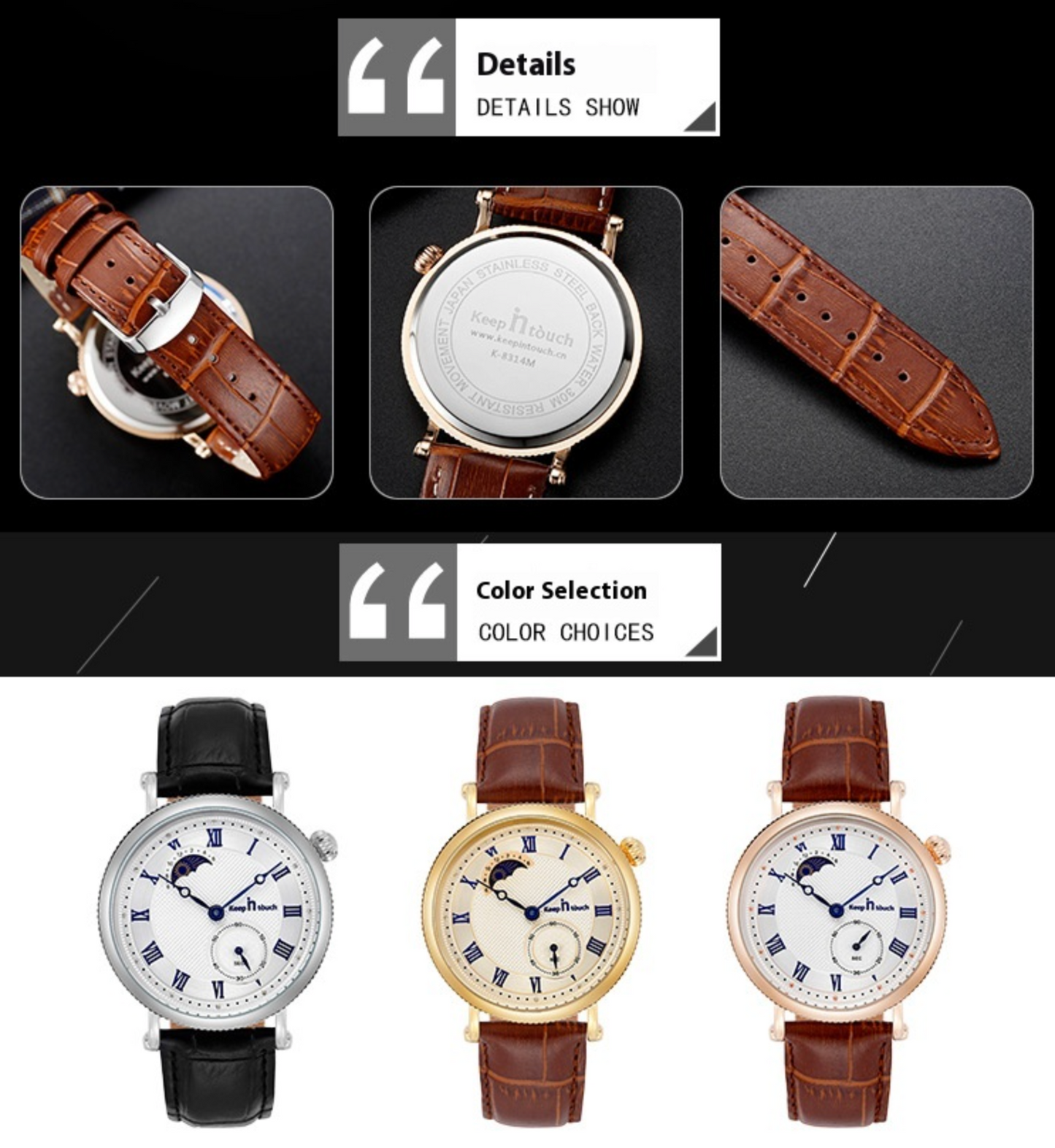 Sun Moon Star Genuine Leather Waterproof Two Pin Quartz Watch