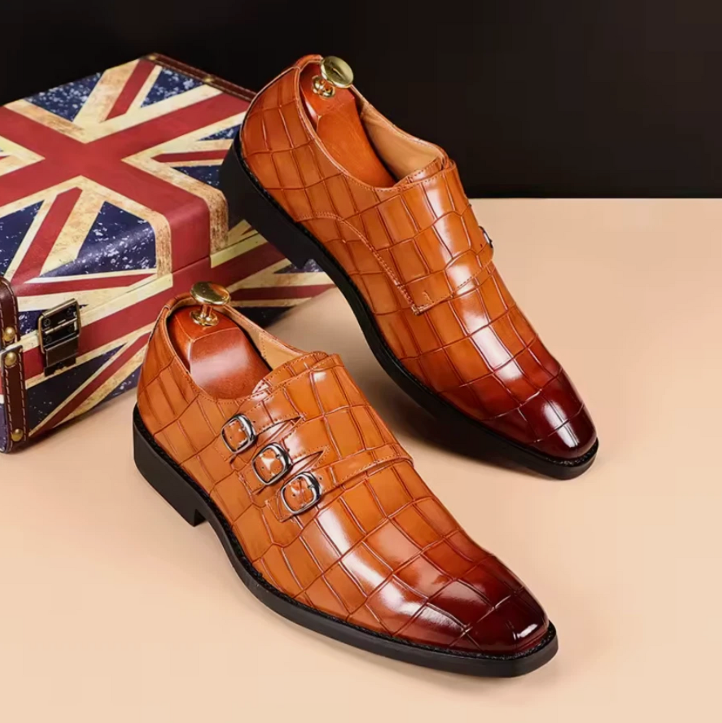 Mens Alligator Print Buckle Strap 3 Buckle Polished Dress Shoes