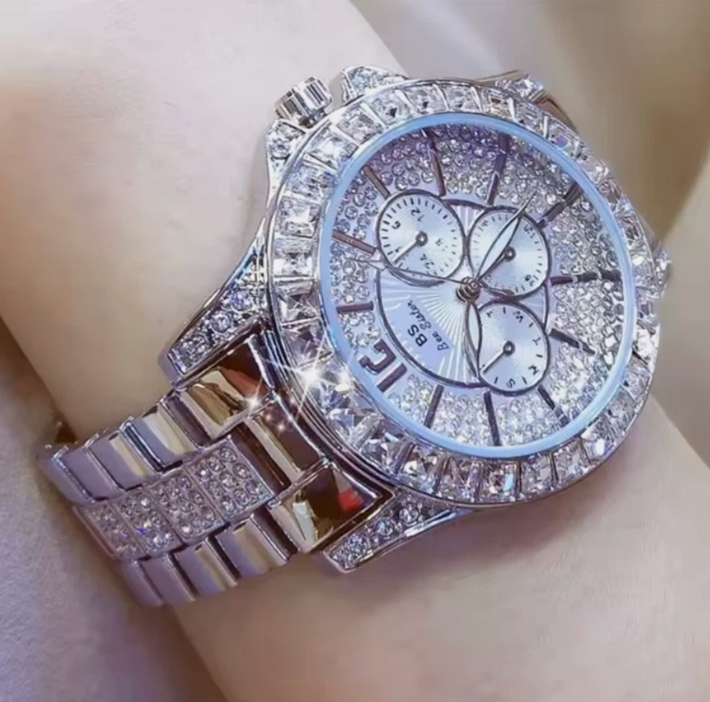 20cm Glistening Unisex Style Luxury Ice Stainless Steel Wristband Quartz Watch