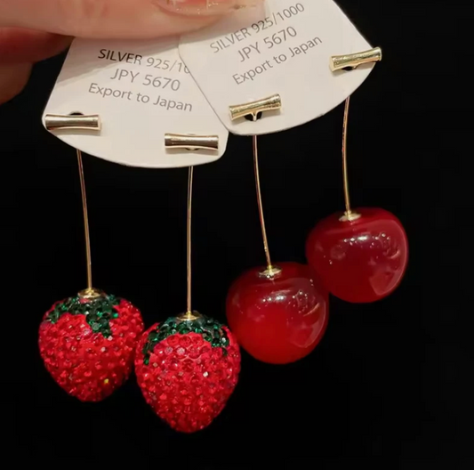 Cherry Strawberry Marble Red Polished Dangle Earrings Pair 2pc