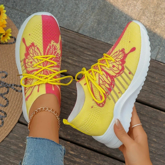 Womens Dual Color Tennis Shoes Butterfly Print Breathable Mesh Sneakers
