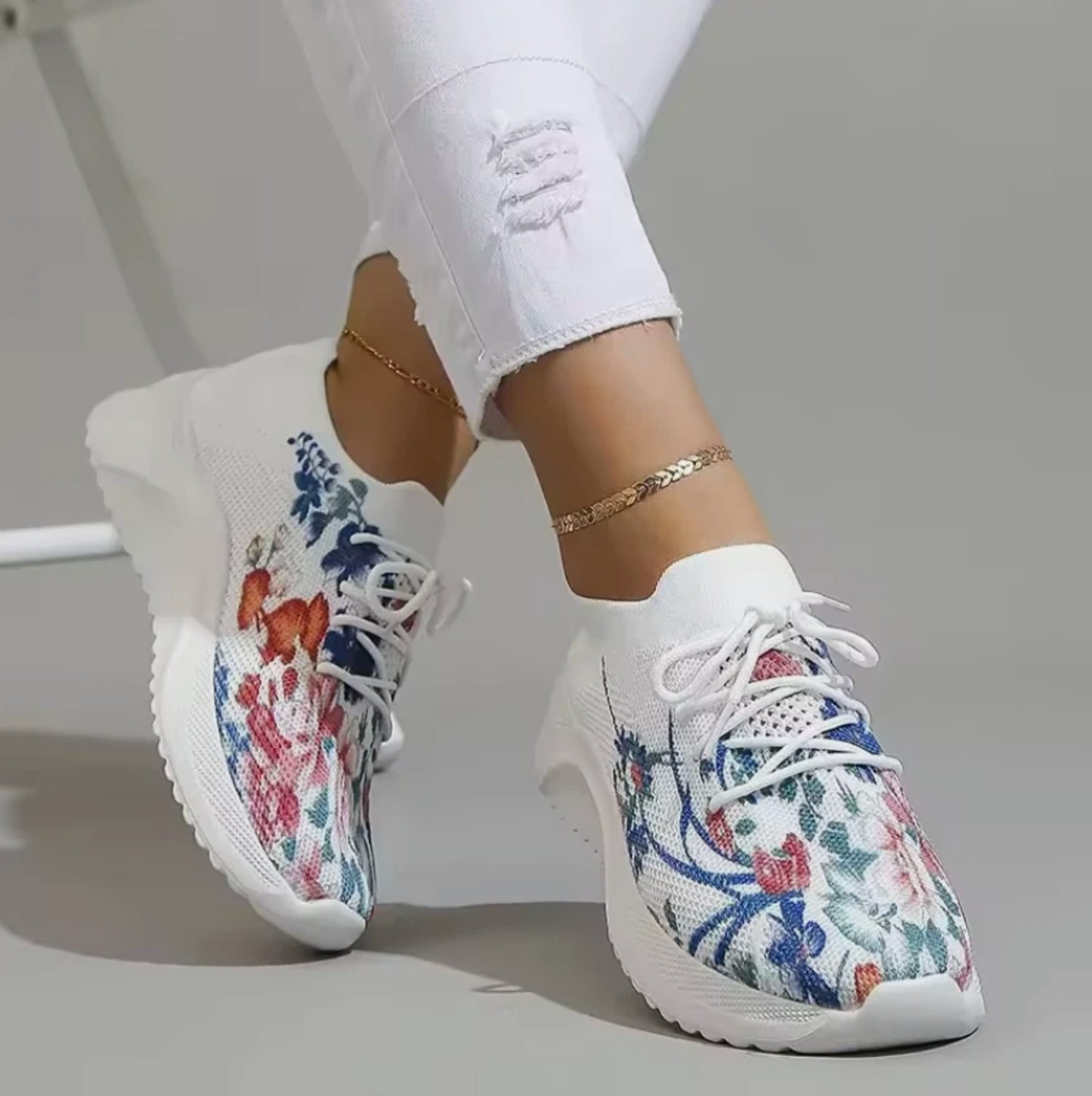 Womens Tennis Shoes Floral Print Light Weight Breathable Mesh