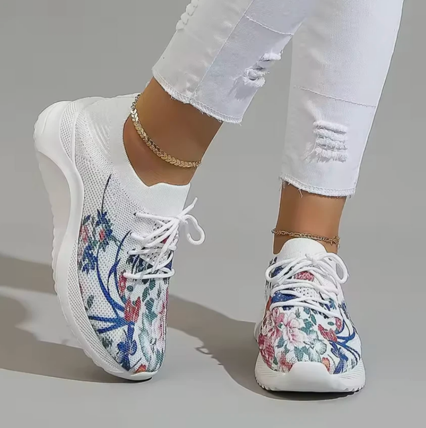 Womens Tennis Shoes Floral Print Light Weight Breathable Mesh
