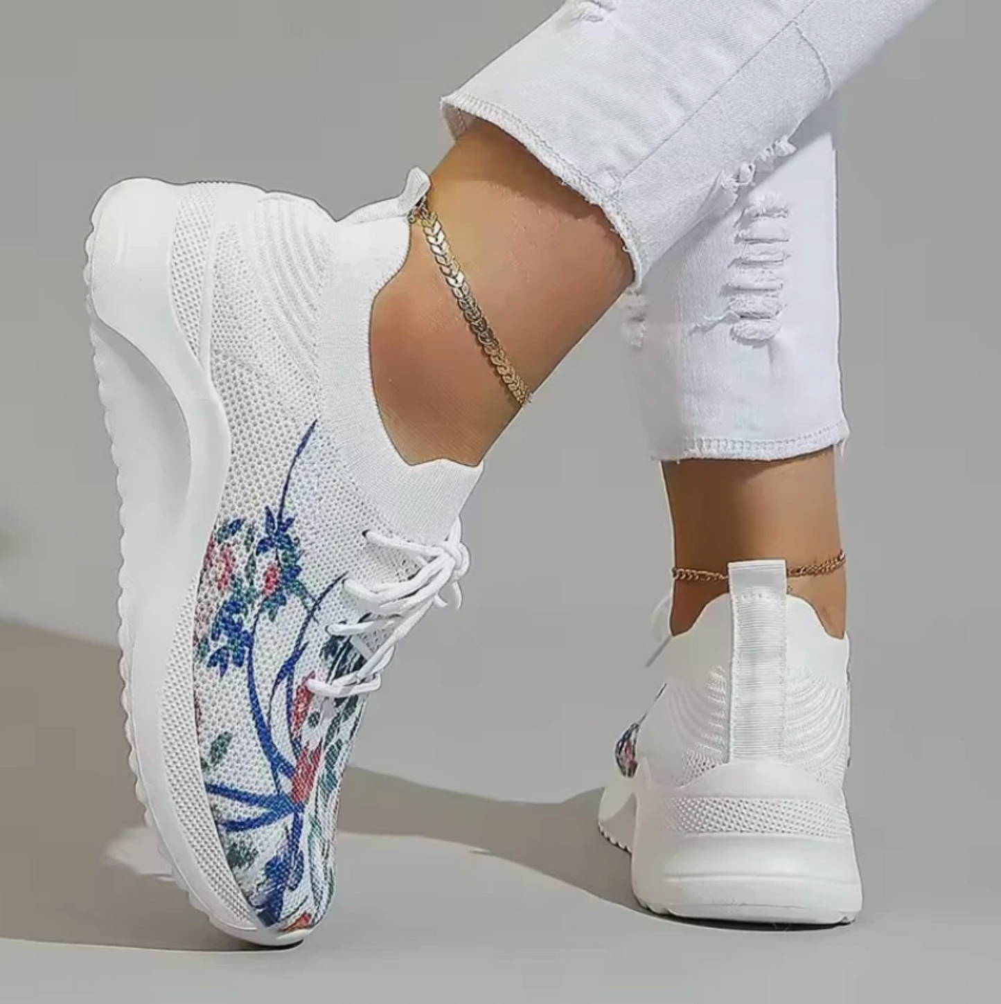 Womens Tennis Shoes Floral Print Light Weight Breathable Mesh