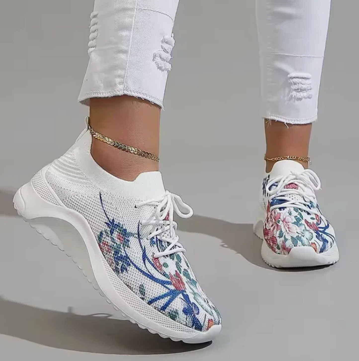 Womens Tennis Shoes Floral Print Light Weight Breathable Mesh
