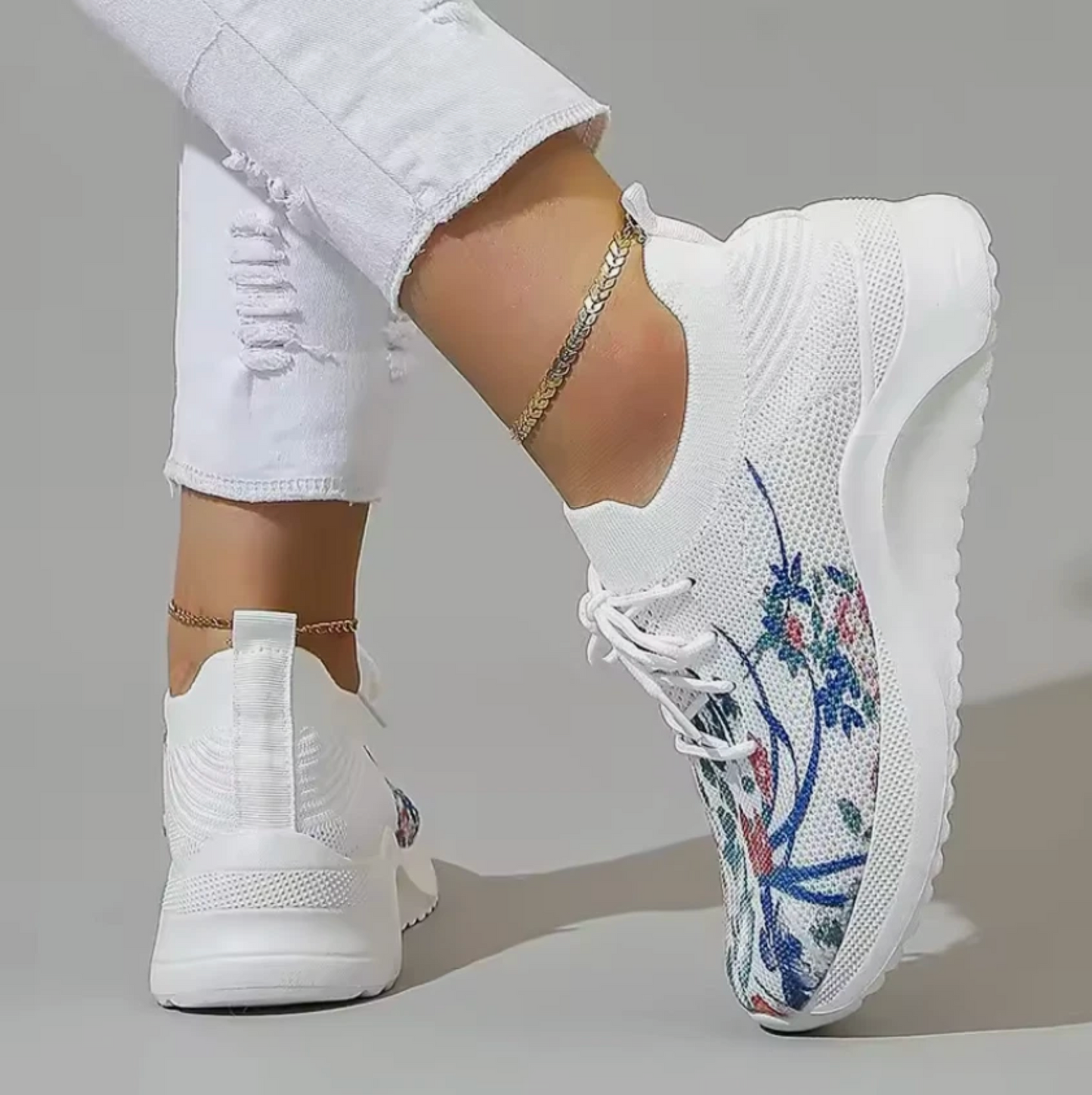 Womens Tennis Shoes Floral Print Light Weight Breathable Mesh