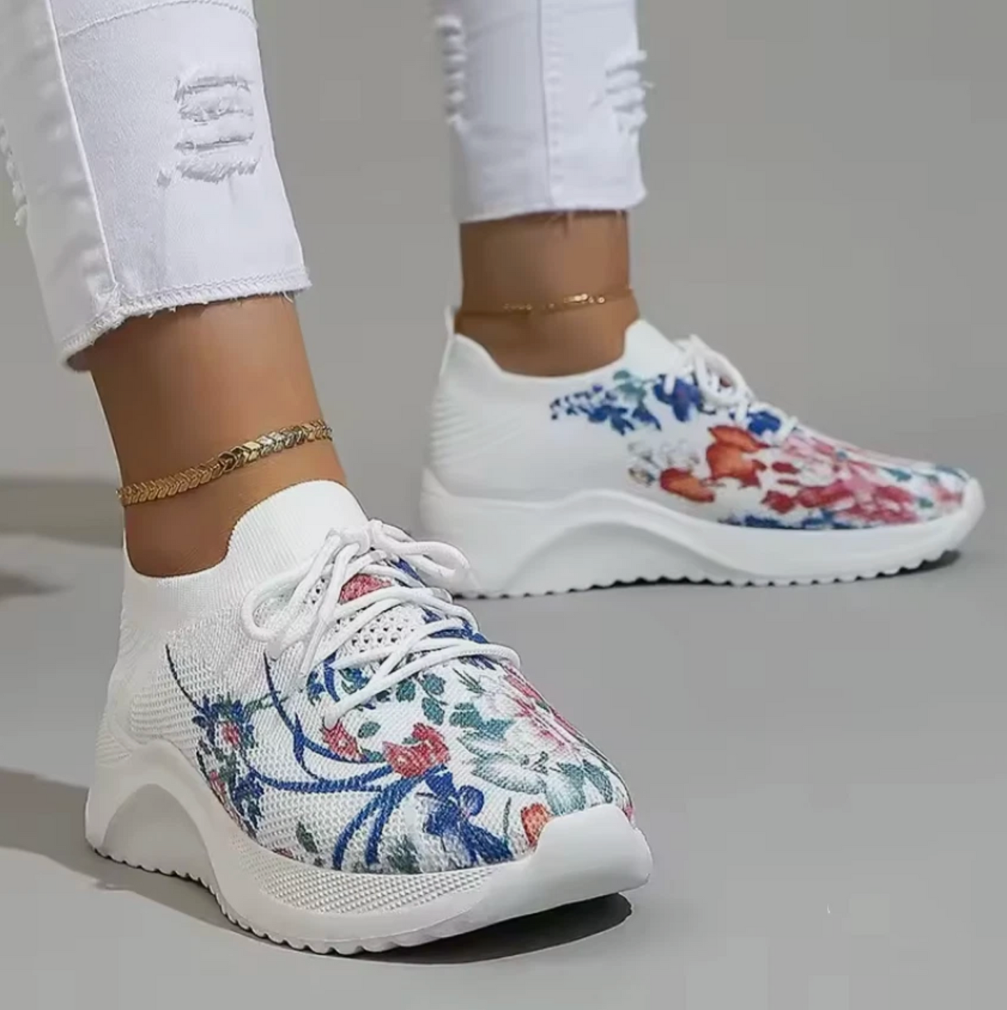 Womens Tennis Shoes Floral Print Light Weight Breathable Mesh