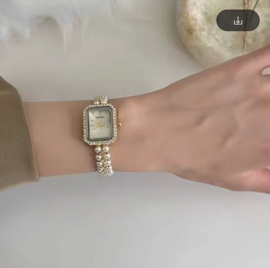 Ladies Pearl Band Luxury Watch Classy Rectangle Design